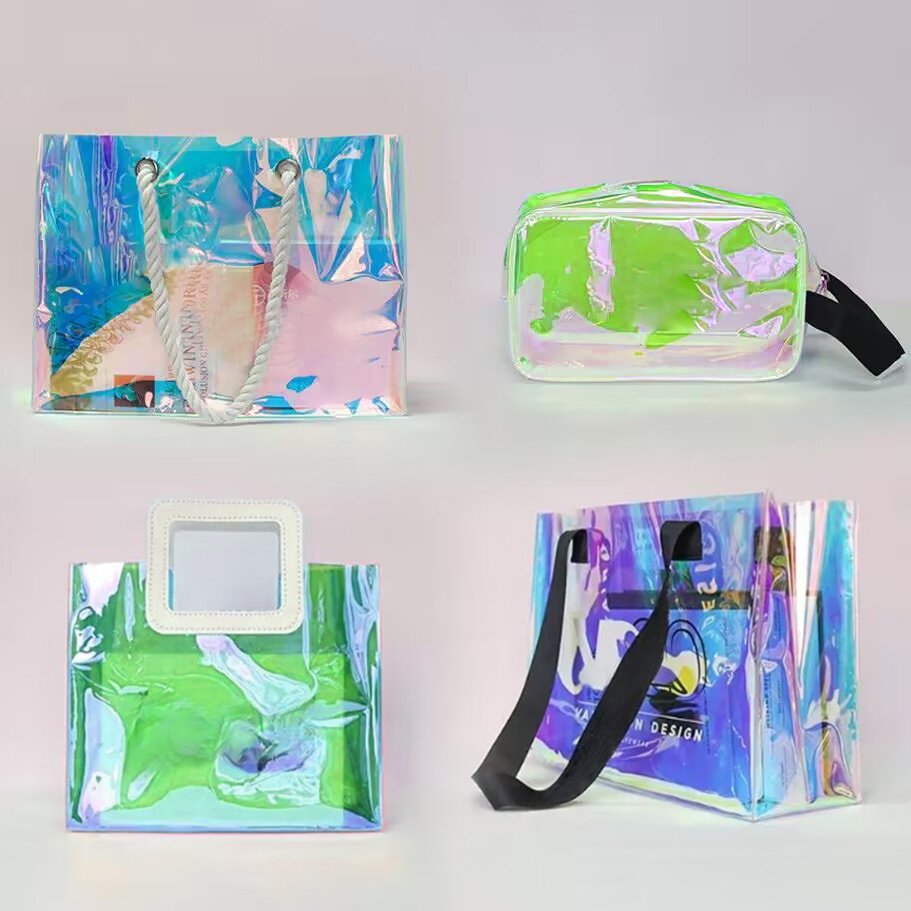 Wholesale Custom Luxury Waterproof Clear Laser Handbag Transparent Holographic Iridescent PVC Beach Tote Shopping Bag With Logo