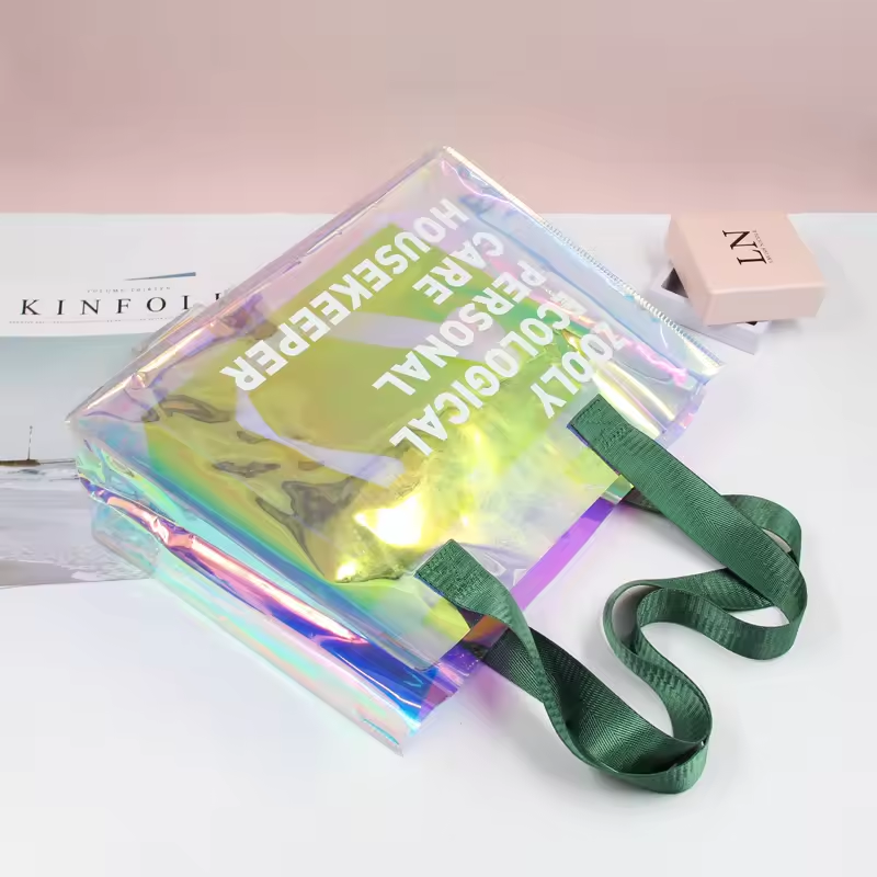 Wholesale Custom Luxury Waterproof Clear Laser Handbag Transparent Holographic Iridescent PVC Beach Tote Shopping Bag With Logo