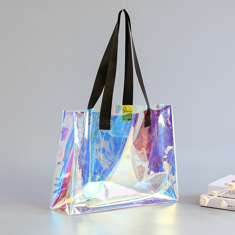 Wholesale Custom Luxury Waterproof Clear Laser Handbag Transparent Holographic Iridescent PVC Beach Tote Shopping Bag With Logo