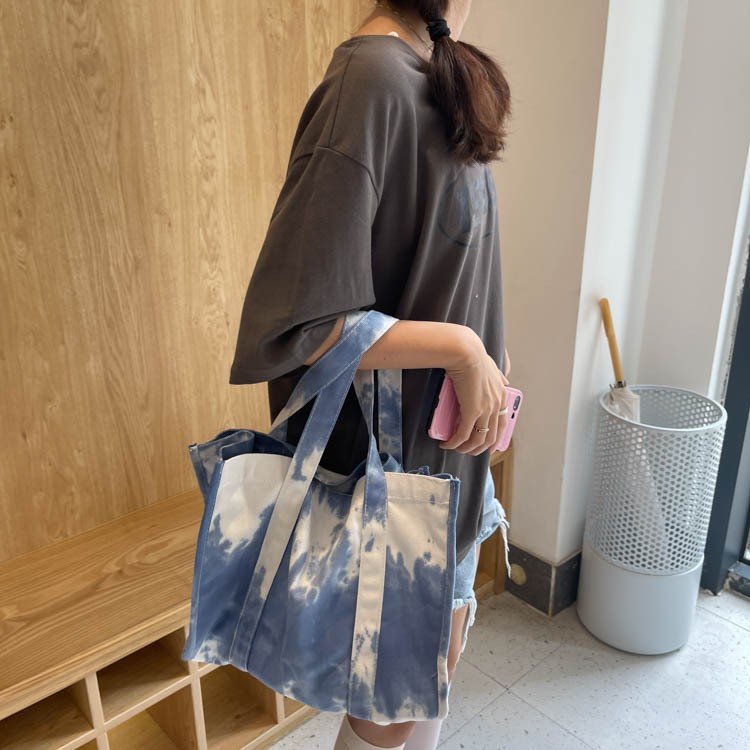 hot style tie-dye sky blue color block large capacity shopping bag fresh and simple one shoulder canvas street bag