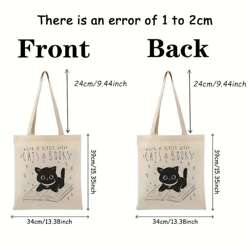 1 pcCat and Book pattern Tote Canvas Personalized Shoulder Bag For Travel Women's Reusable Shopping Bag With Custom Printed Logo