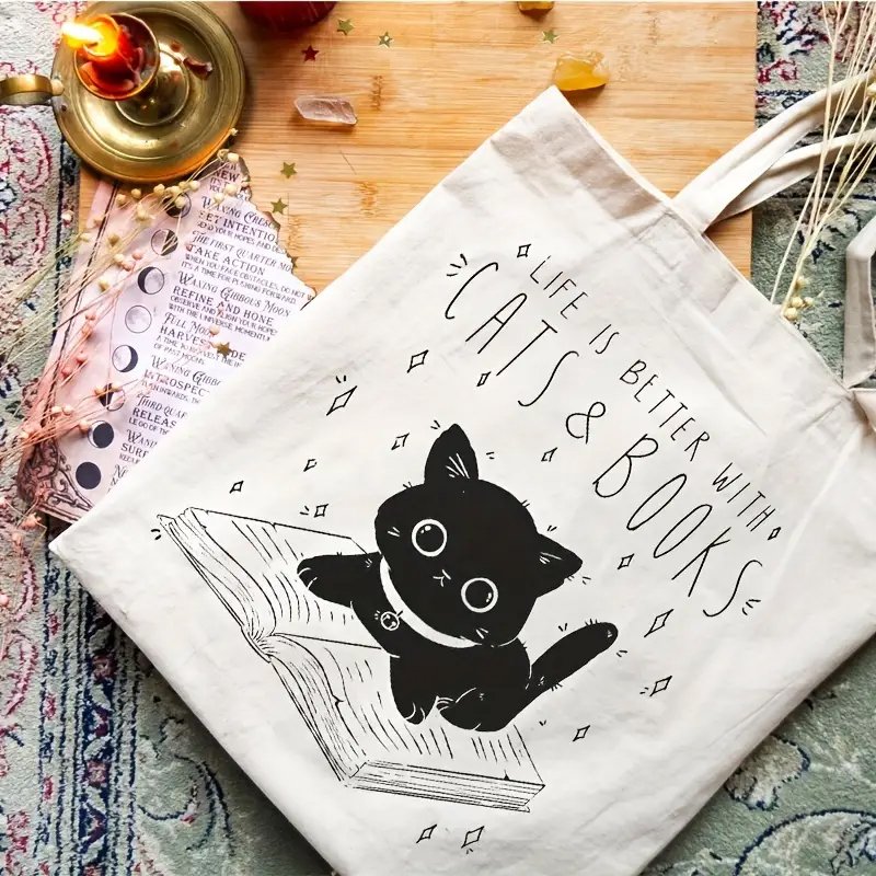 1 pcCat and Book pattern Tote Canvas Personalized Shoulder Bag For Travel Women's Reusable Shopping Bag With Custom Printed Logo