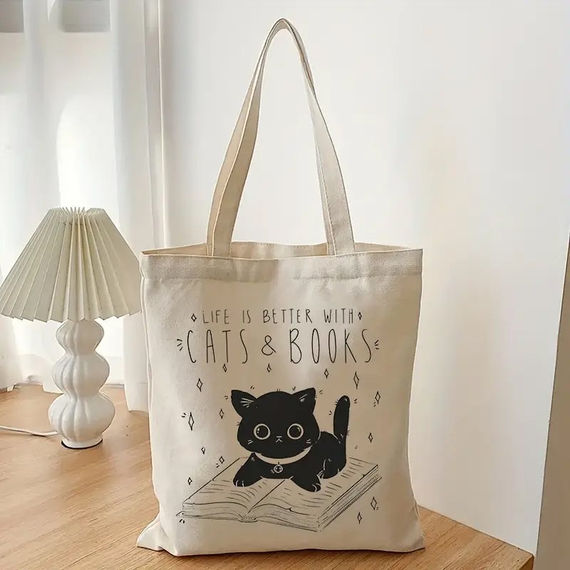1 pcCat and Book pattern Tote Canvas Personalized Shoulder Bag For Travel Women's Reusable Shopping Bag With Custom Printed Logo