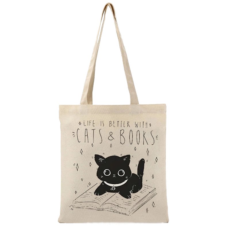 1 pcCat and Book pattern Tote Canvas Personalized Shoulder Bag For Travel Women's Reusable Shopping Bag With Custom Printed Logo