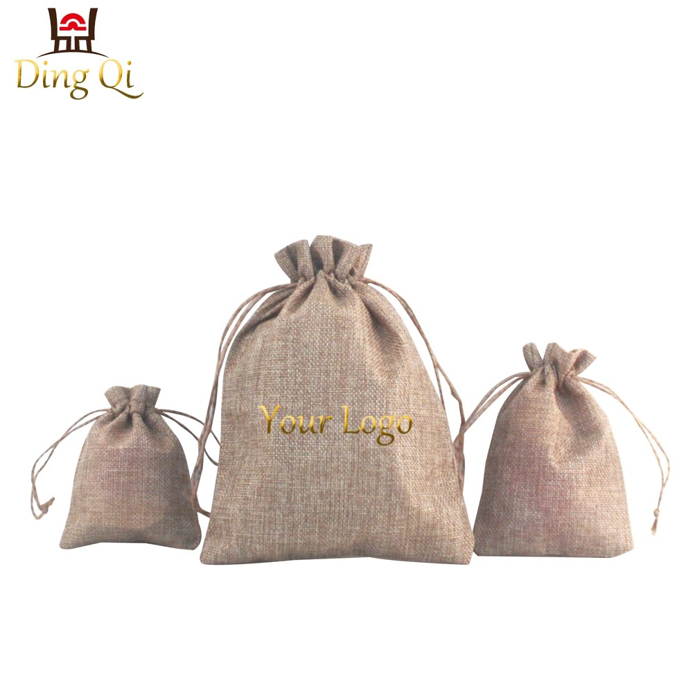 Small promotional personalized plain wine dust shopping linen burlap jute drawstring bag with gold logo