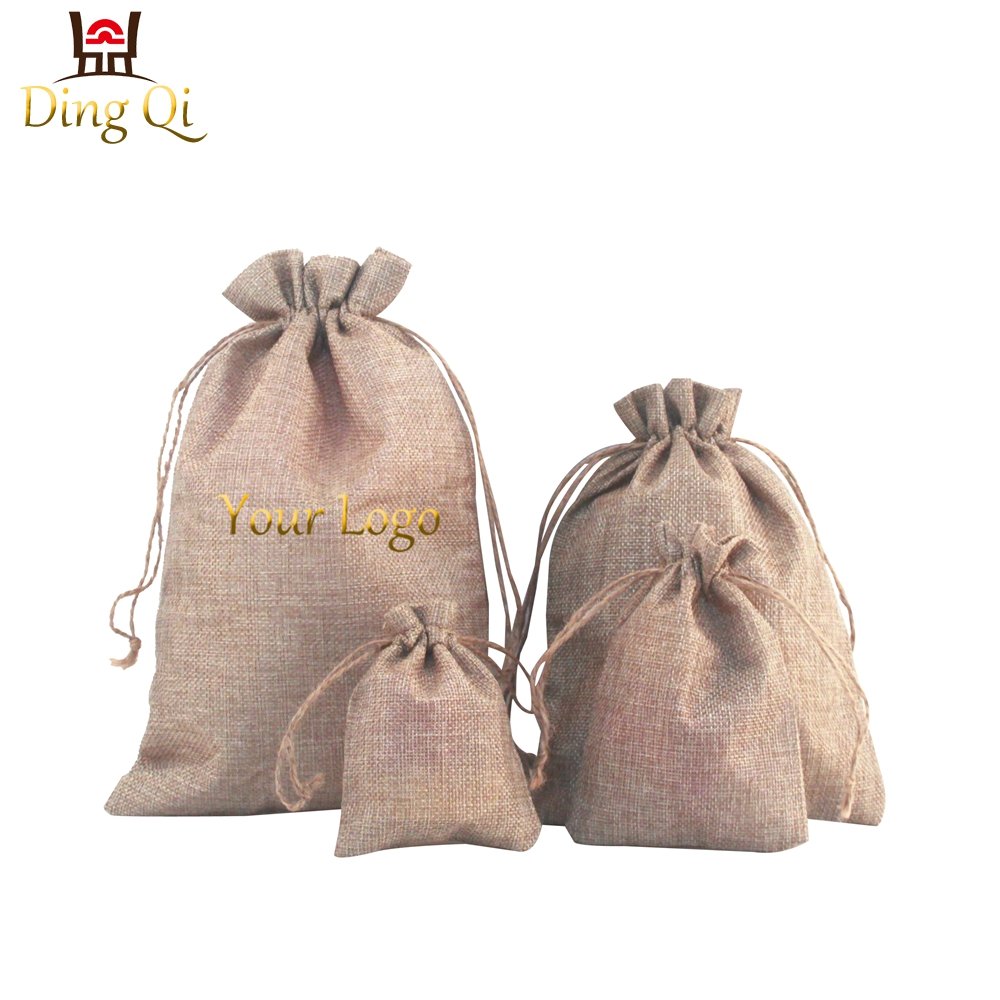Small promotional personalized plain wine dust shopping linen burlap jute drawstring bag with gold logo
