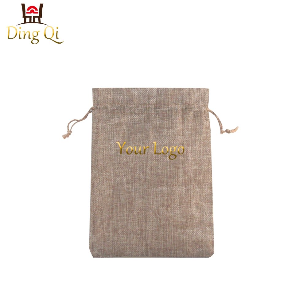 Small promotional personalized plain wine dust shopping linen burlap jute drawstring bag with gold logo