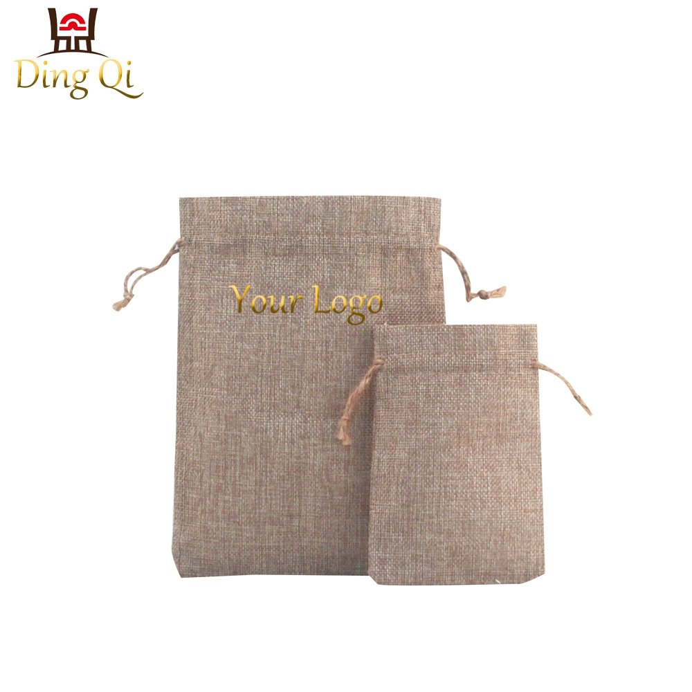 Small promotional personalized plain wine dust shopping linen burlap jute drawstring bag with gold logo