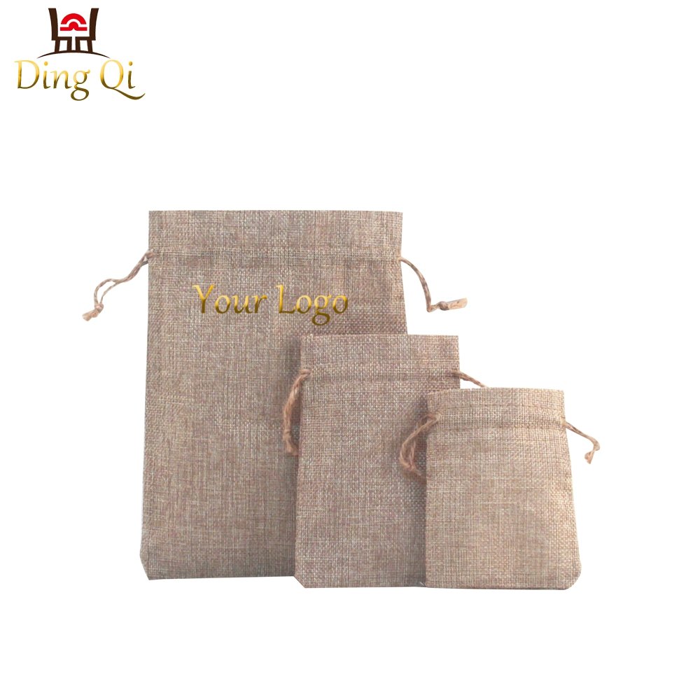 Small promotional personalized plain wine dust shopping linen burlap jute drawstring bag with gold logo