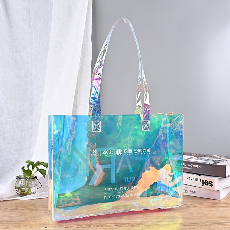 Custom logo wholesale waterproof laser shopping bag fashion transparent pvc tote bag with handles