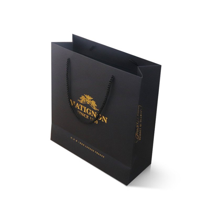 Gold Logo Small Black Craft Customized Paper Bag With PP Handle For Jewelry