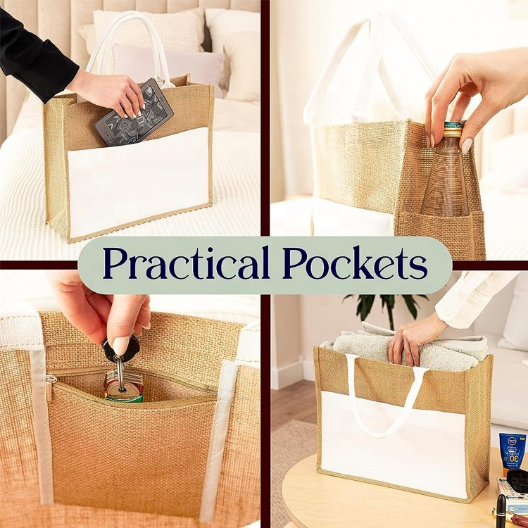 Jute Tote Bags with Canvas Front Pocket Reusable Natural Burlap Bags for Shopping bag