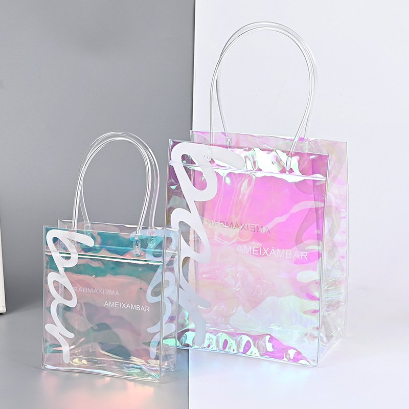 Customized shopping bags handbag waterproof PVC TPU durable transparent holographic laser washable lear tote bag