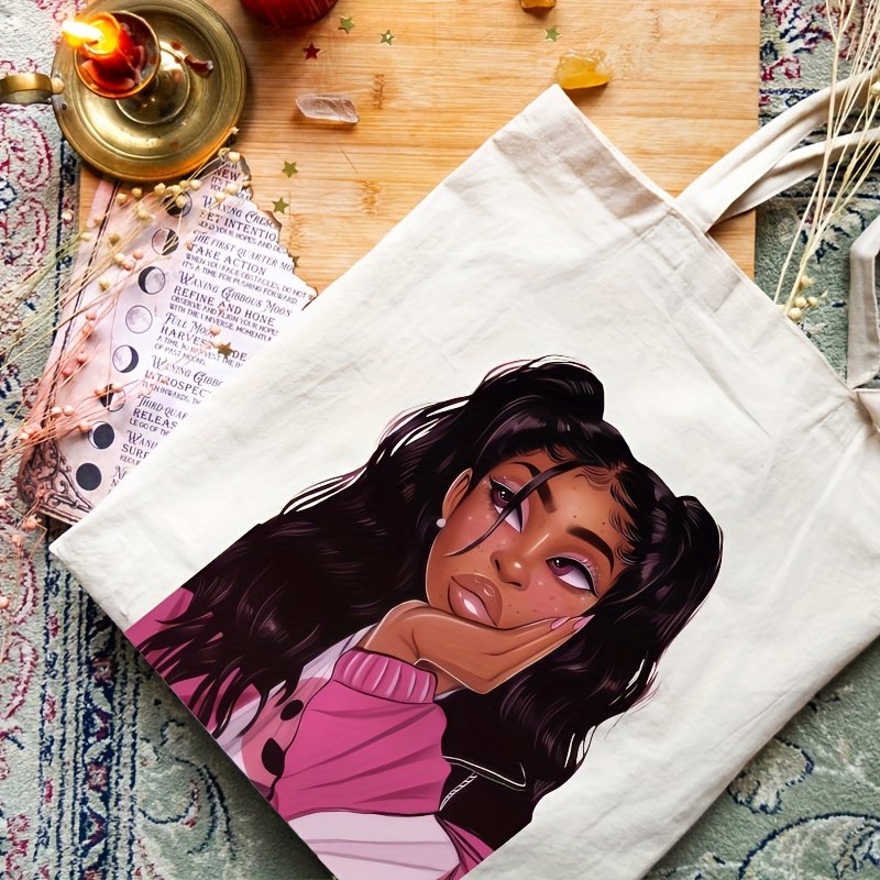 1 pcAfrican girlspattern Tote Canvas Personalized Shoulder Bag For Travel Women's Reusable Shopping Bag With Custom Printed Logo