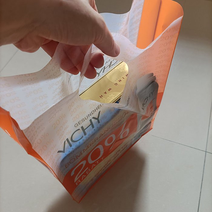 thick HDPE side gusset transparent square bottom die cut handle plastic shopping bag