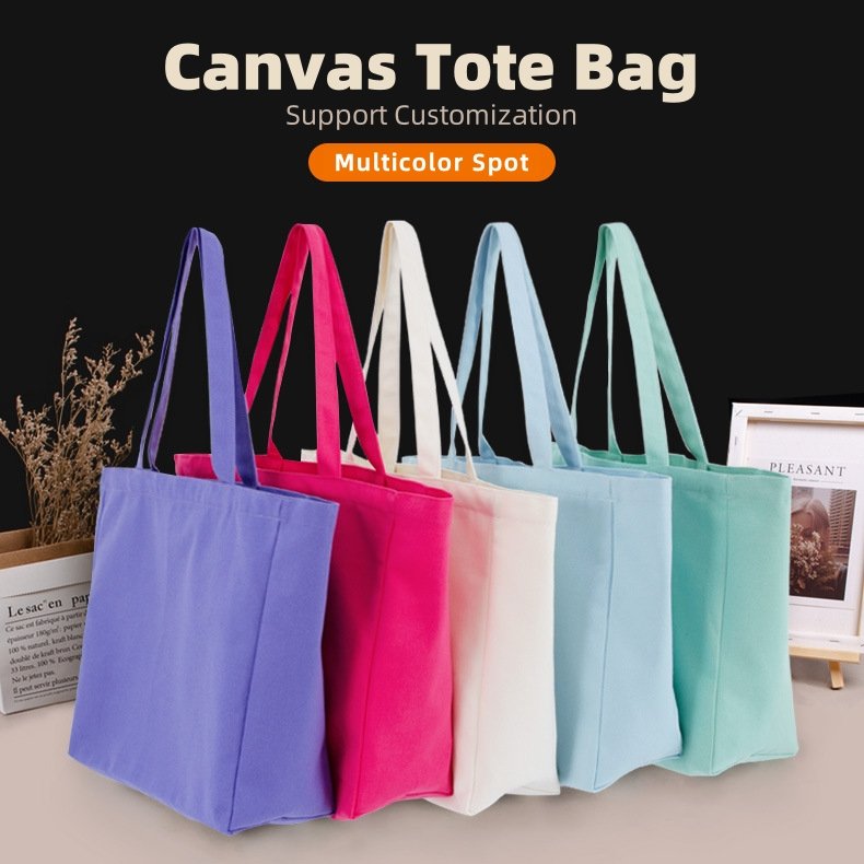 Plain organic reusable cotton canvas tote shopping bag with bottomed and sides Polyester-cotton handbag with custom logo