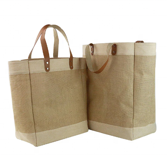 Women'S Foldable Recycle Eco Friendly Large Shopping Tote Burlap Jute Shoulder Carry Bag with Leather Handle