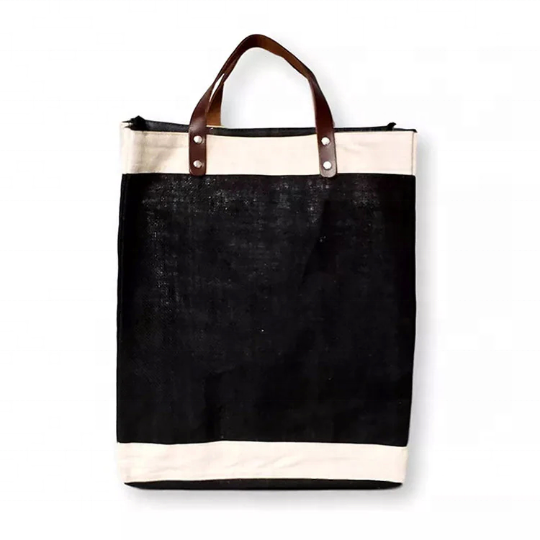 Women'S Foldable Recycle Eco Friendly Large Shopping Tote Burlap Jute Shoulder Carry Bag with Leather Handle