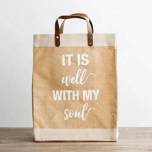 Women'S Foldable Recycle Eco Friendly Large Shopping Tote Burlap Jute Shoulder Carry Bag with Leather Handle
