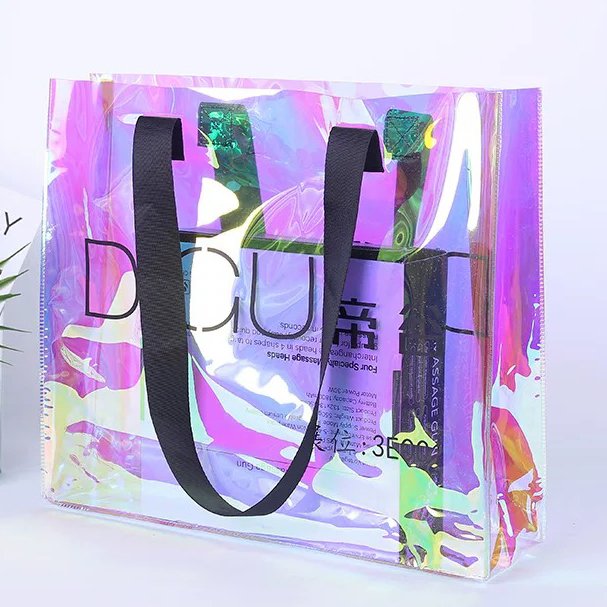 eco-friendly plastic pvc bag with logo printed custom deign holographic shopping bag laser gift packing bag