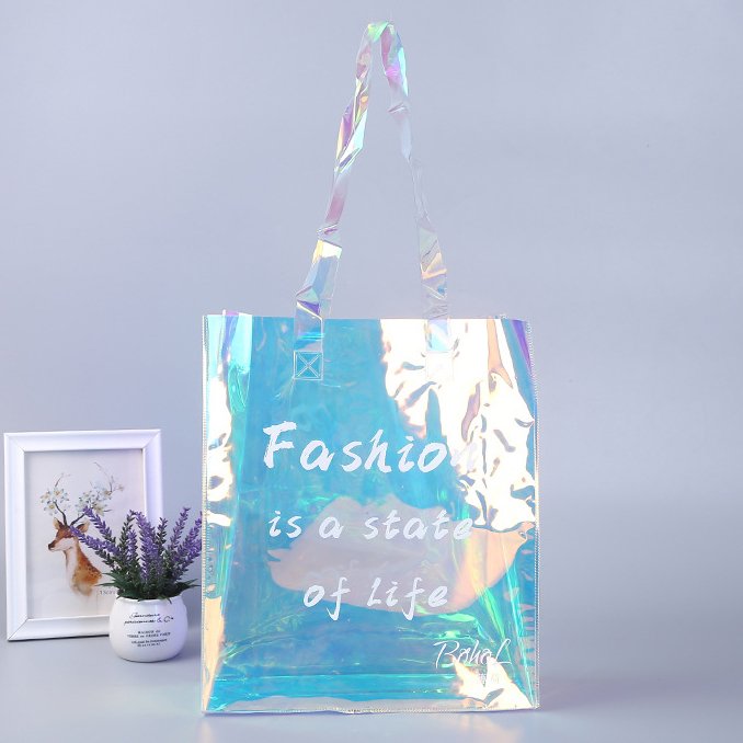 eco-friendly plastic pvc bag with logo printed custom deign holographic shopping bag laser gift packing bag