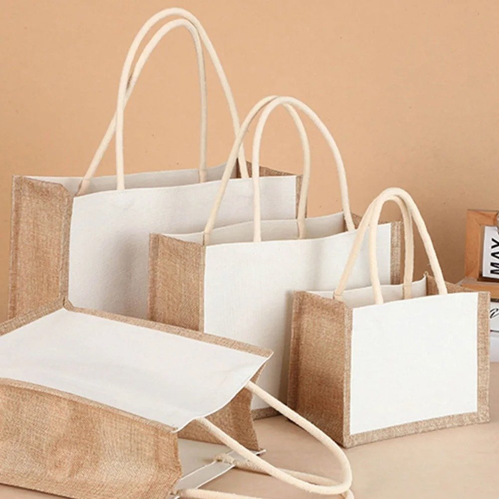 Portable Burlap Jute Shopping Bag Handbag Logo Handles Reusable Tote Grocery Bags for Women Girls