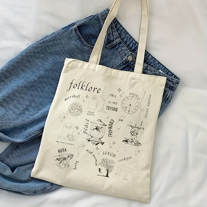 1pcAlbum Folklore Gift Fans pattern Tote Canvas Personalized Shoulder Bag For Travel Women's Reusable Shopping Bag With Custom