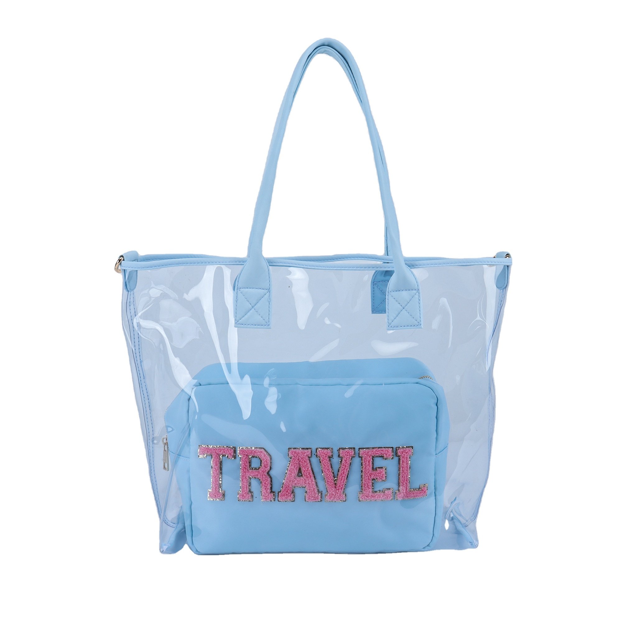 2024 Hot Selling New Fashion Transparent Clear Pvc Beach Bag Clear Packaging Bag Pvc Tote Shopping Bag With Printed Custom Logo