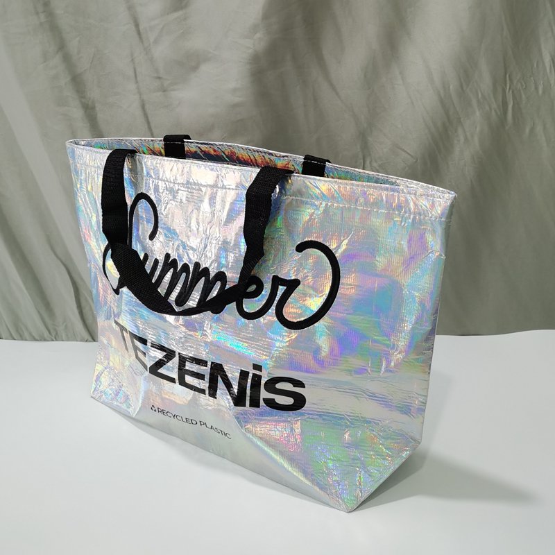 factory wholesale waterproof iridescent laser tote holographi large capacity RPET manufacturers shopping bag drawstring bag
