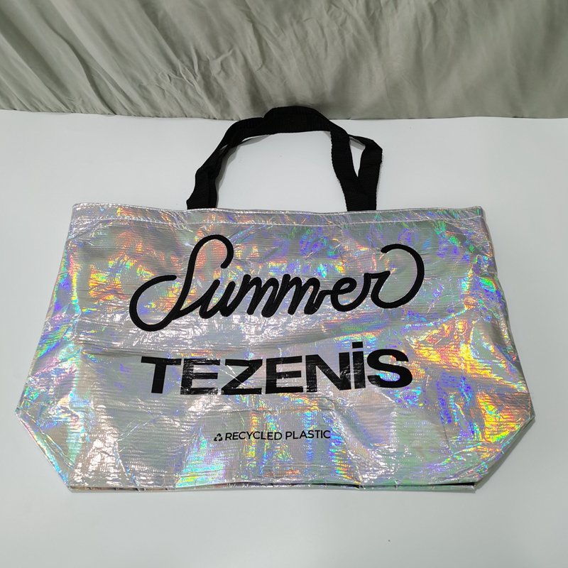 factory wholesale waterproof iridescent laser tote holographi large capacity RPET manufacturers shopping bag drawstring bag