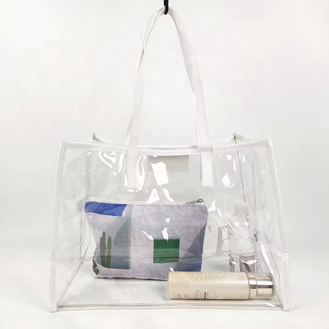 Fashion Wholesale Plain Clear Transparent Pvc Large Shoulder Jelly Shopping Tote Bag With Leather Handle