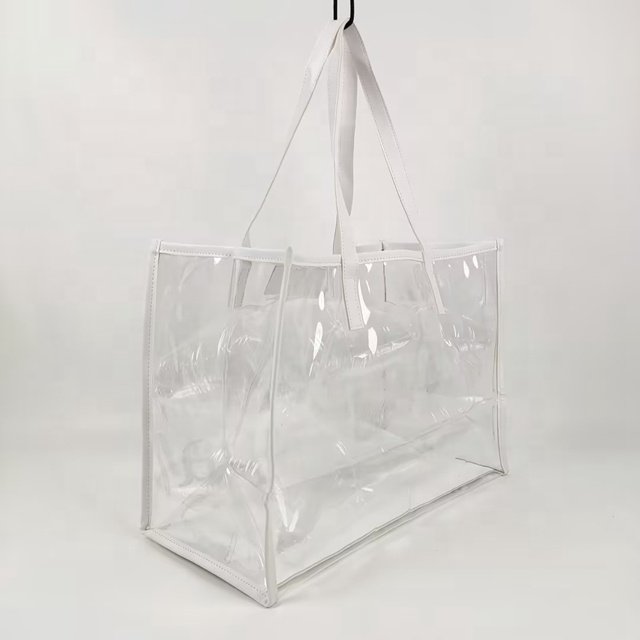 Fashion Wholesale Plain Clear Transparent Pvc Large Shoulder Jelly Shopping Tote Bag With Leather Handle