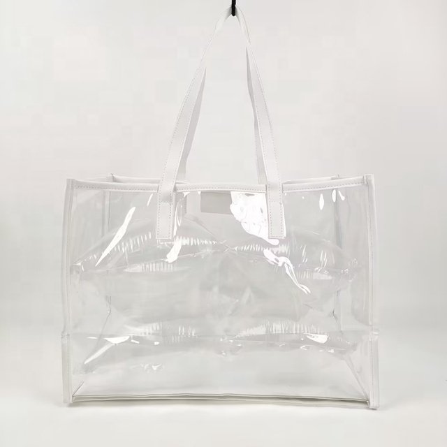 Fashion Wholesale Plain Clear Transparent Pvc Large Shoulder Jelly Shopping Tote Bag With Leather Handle