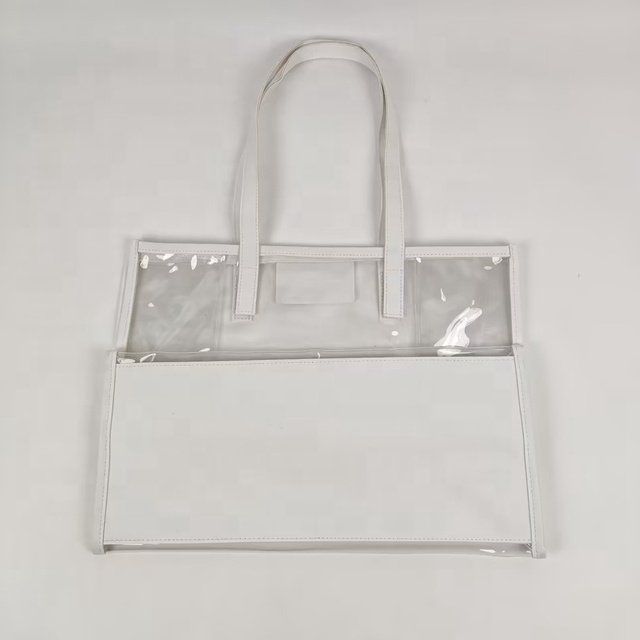Fashion Wholesale Plain Clear Transparent Pvc Large Shoulder Jelly Shopping Tote Bag With Leather Handle
