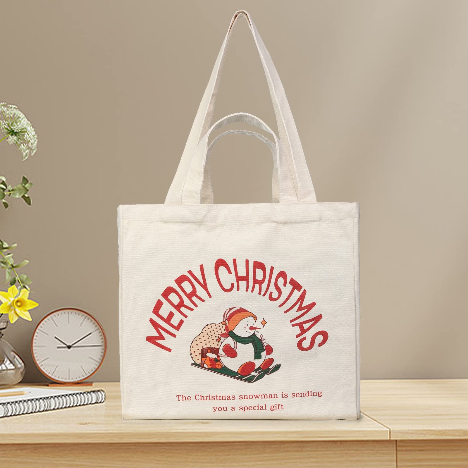 Customized Christmas Cotton Bags Organic Reusable plain long handle printed cotton canvas tote bag