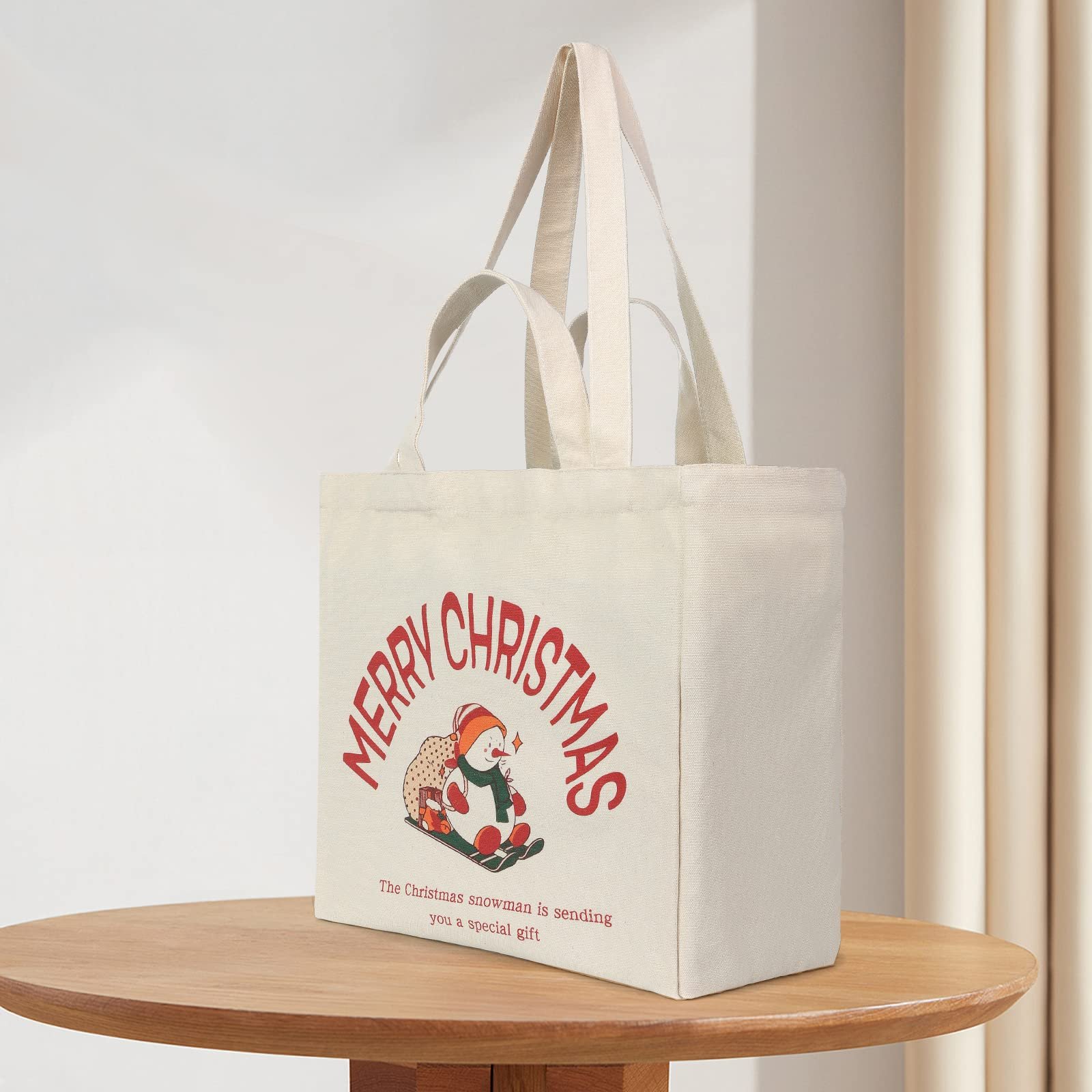Customized Christmas Cotton Bags Organic Reusable plain long handle printed cotton canvas tote bag