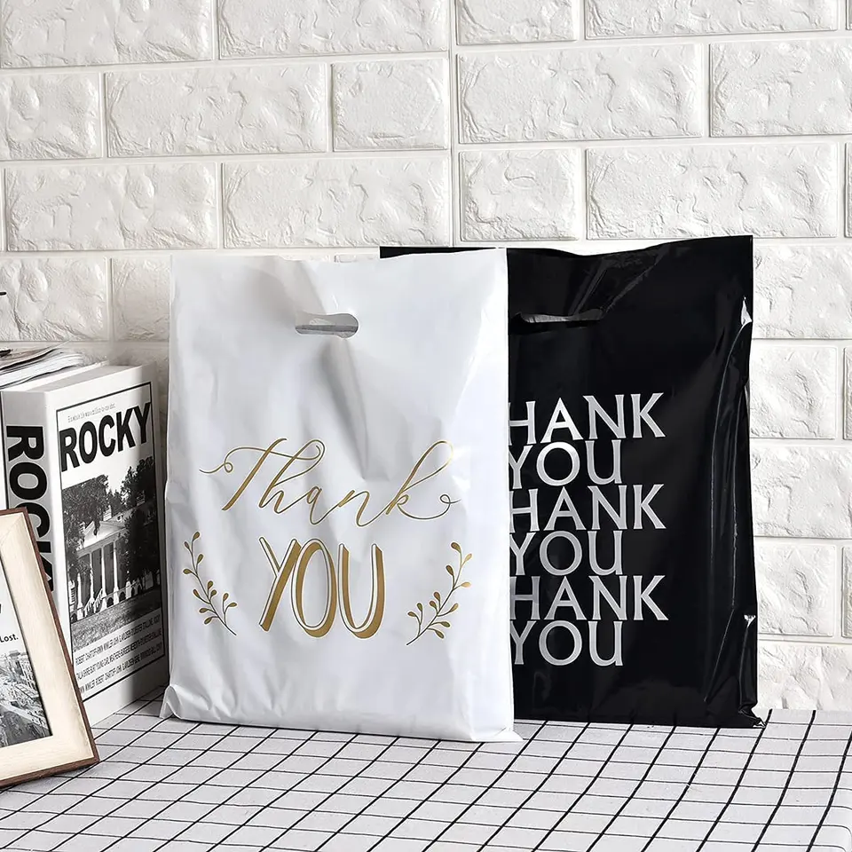 Custom Logo Printed Fold Plastic Pink Thank You Die Cut Handle Carry Shopping Packaging Bags For Boutique Retail Shopping