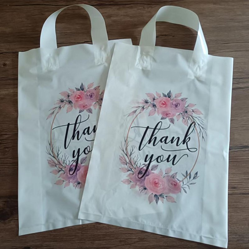 Custom Logo Printed Packaging PE Plastic Tote Bag Recyclable Thank You Pink Handle Shopping Bags For Boutique
