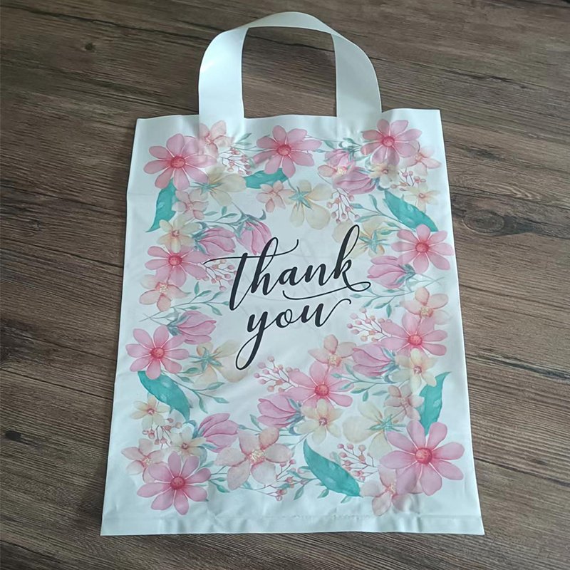 Custom Logo Printed Packaging PE Plastic Tote Bag Recyclable Thank You Pink Handle Shopping Bags For Boutique