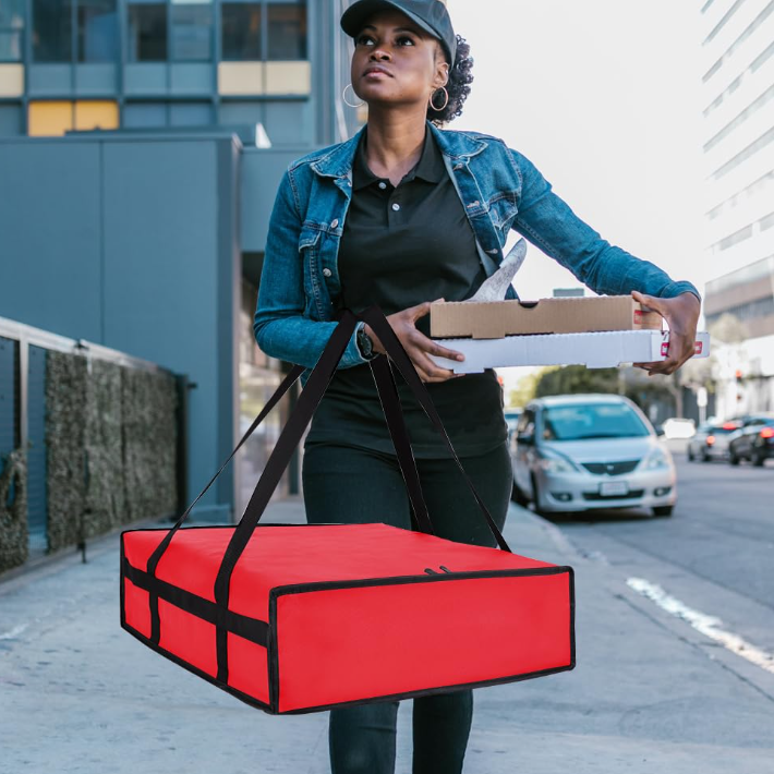 Large Red Insulated Pizza Delivery Bag 20 x 20 Inches Premium Striped Shopping Bag for Food or Beach Use