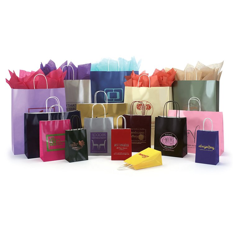 Custom Print Logo Various Size Brown Kraft Paper Store Market Supermarket Gift Clothes Shopping Bags With Flat Handle