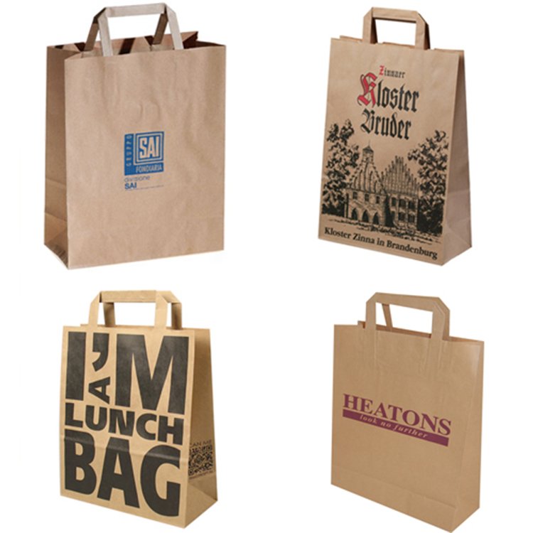 Custom Print Logo Various Size Brown Kraft Paper Store Market Supermarket Gift Clothes Shopping Bags With Flat Handle