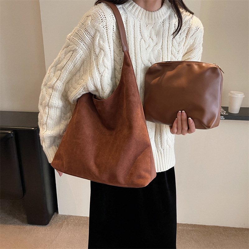 Large Capacity Ladies Fashion Single Shoulder Tote Bag Set 2-Pcs Portable Flannel Suede Shopping Bags Customs Tote Bag