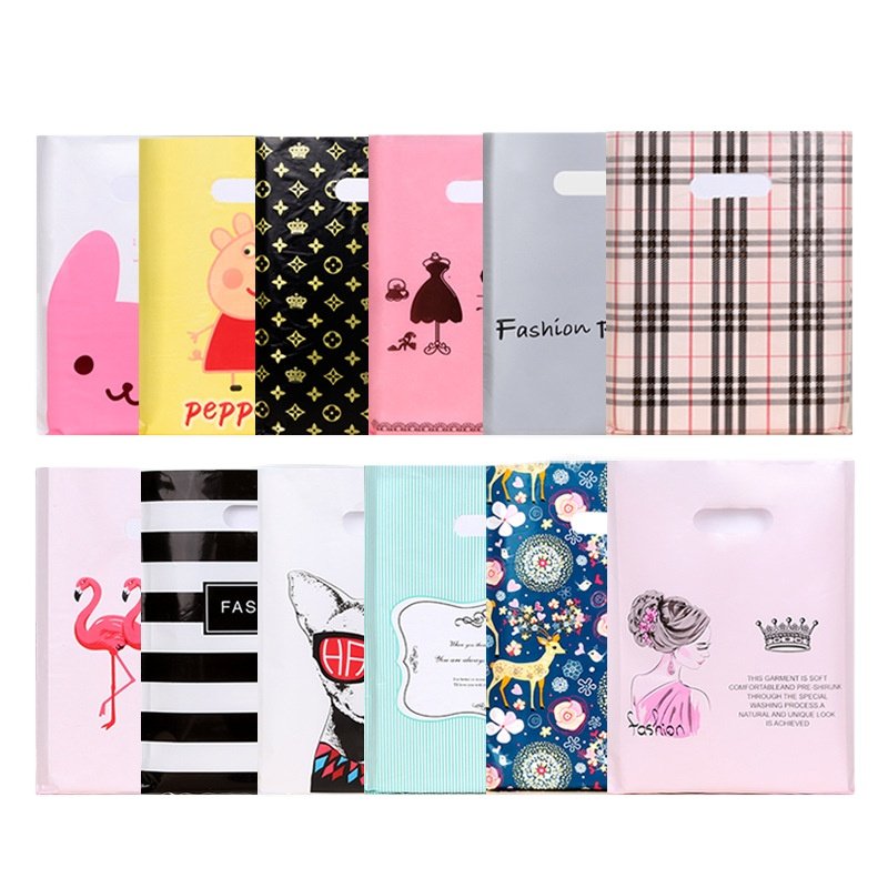 Ldpe hdpe plastic carrier custom made logo printed personalized merchandise die cut plastic shopping bag with handle