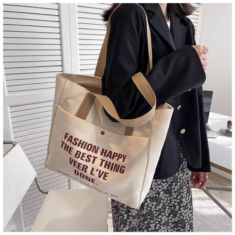 Yile Custom Logo Unisex Canvas Tote Bag Pocket Hot Sell Large Capacity Fold College Travel Bag Sublimation Shopping Bag Letter