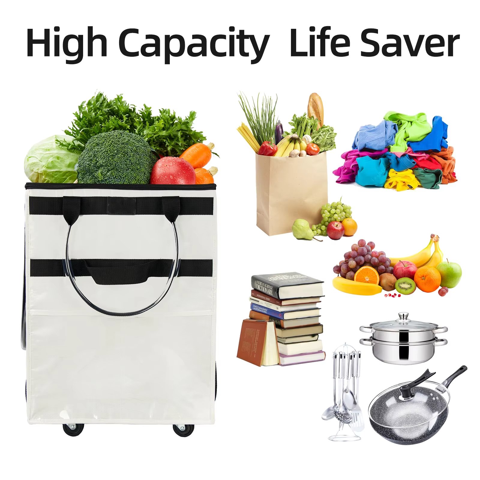 Insulated Reusable Grocery Bags on Wheels Custom Multi-functional Rolling Tote Bag Heavy Duty Foldable Shopping Bag with Wheels