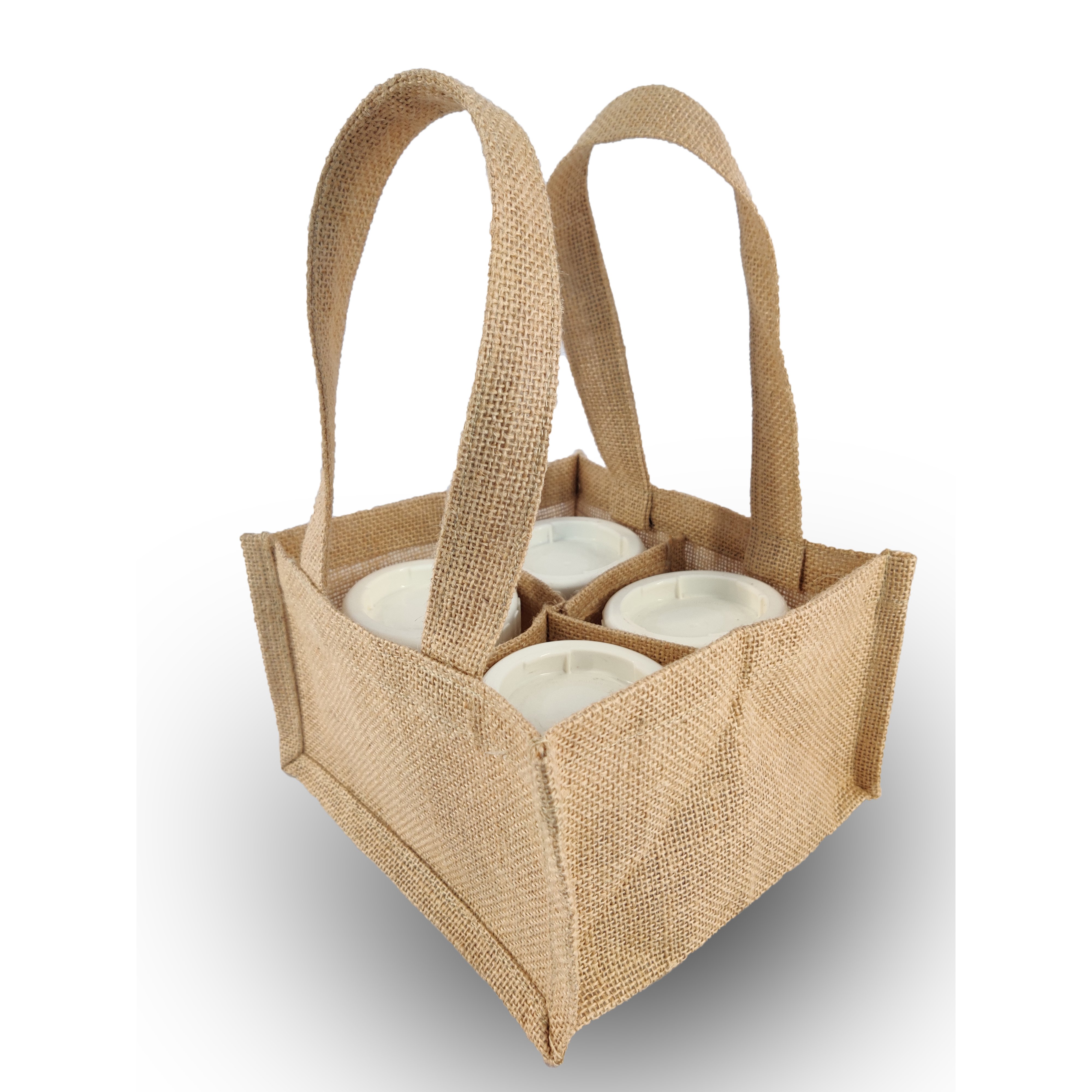 Customized 1 Compartment/Crystal Window Jute Fabric Burlap Shopping Bag Cane Handle Jar Bottle Gift Bag with Promotional Appeal