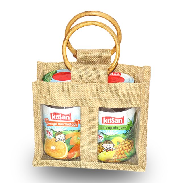 Customized 1 Compartment/Crystal Window Jute Fabric Burlap Shopping Bag Cane Handle Jar Bottle Gift Bag with Promotional Appeal