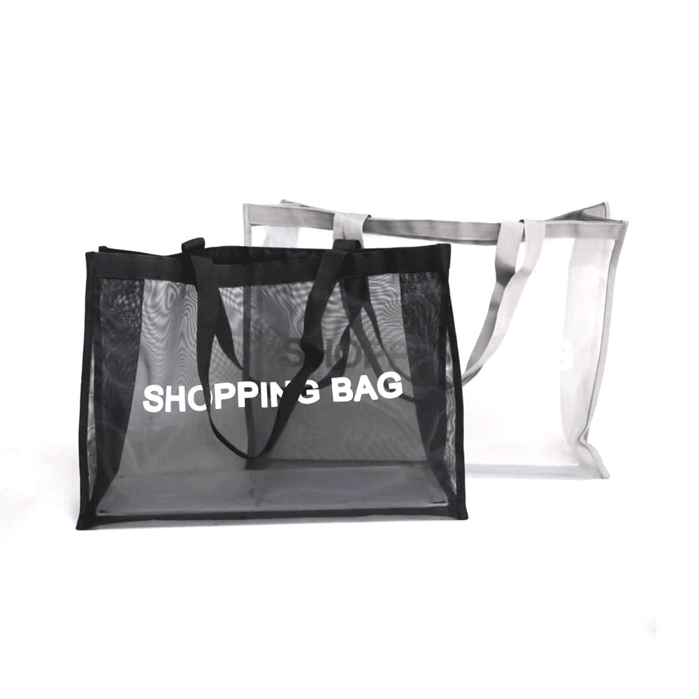 Customized logo transparent mesh shopping bag large capacity nylon mesh bag supermarket storage beach bag handbag