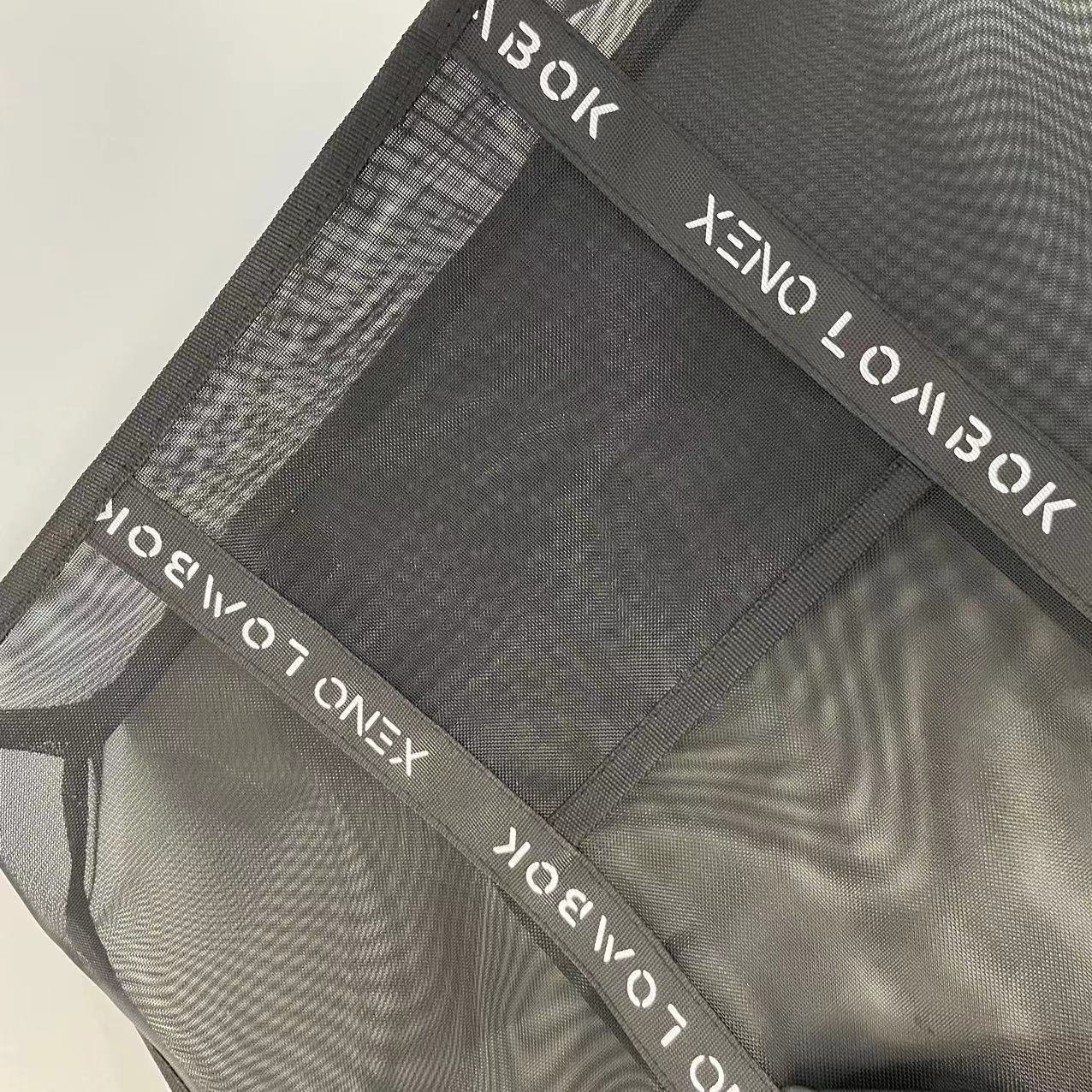 Custom Logo Printed Handle Black Mesh Shopping Bag for Clothes Net Nylon Tote Bag Large Capacity Grocery Beach Bag With Pocket